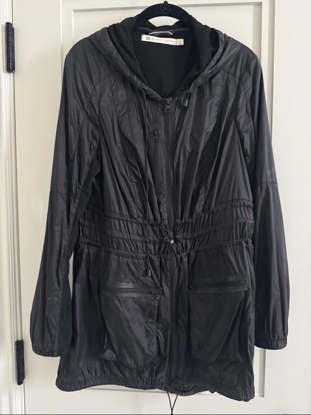 blanc noir Black Hooded Utility Windbreaker Jacket, Cinch-Waist